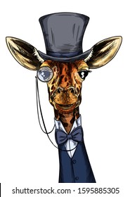 Elegant giraffe dressed in suit, monocle and hat, full color sketch, hand drawn vector illustration