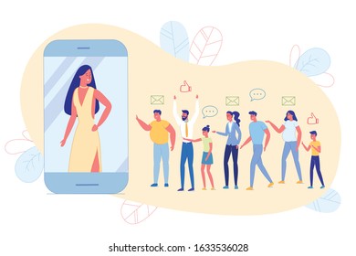 Elegant Girl Beautiful Photo Gaining Popularity. Line Girl’s Subscribers Lined up Near Huge Smartphone, they Want to Respond to her New Post, Write Message and Leave Comment, Cartoon.