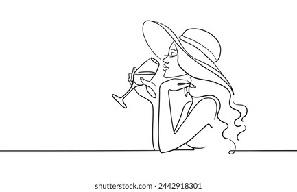 Elegant girl drinks wine or champagne from a glass, continuous line art drawing isolated on white background. Girl in a hat enjoying a drink line art drawing. Vector illustration