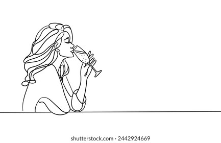 Elegant girl drinks wine or champagne from a glass, continuous line art drawing isolated on white background. Girl enjoying a drink line art drawing. Vector illustration