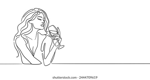 Elegant girl drinks wine or champagne from a glass, continuous line art drawing isolated on white background. Girl enjoying a drink line art drawing. Vector illustration