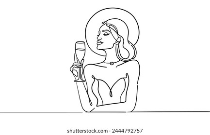 Elegant girl drinks wine or champagne from a glass, continuous line art drawing isolated on white background. Girl in hat enjoying a drink line art drawing. Vector illustration