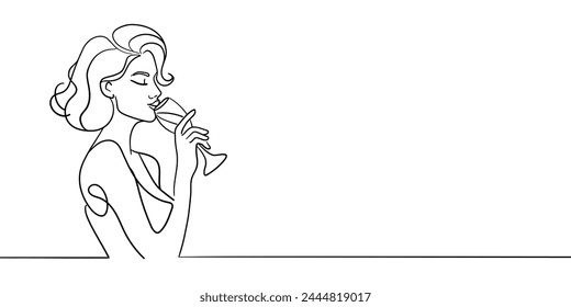 Elegant girl drinks wine or champagne from a glass, continuous line art drawing isolated on white background. Girl enjoying a drink line art drawing. Vector illustration