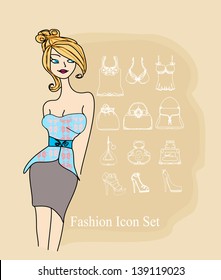 elegant girl - Fashion shopping icon doodle set