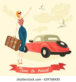 An elegant girl is hitchhiking. Illustration in retro style.