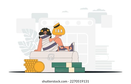 An elegant girl holds a bag with taxes in her hand. An illustration demonstrating the importance of paying taxes for economic development.