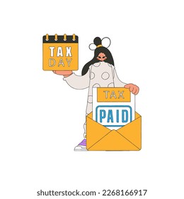 An elegant girl holds a calendal in her hand. TAX day. The topic of paying taxes.