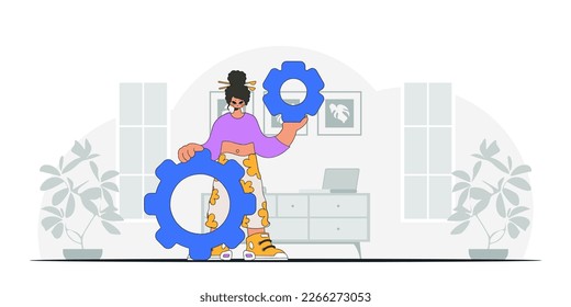 An elegant girl holds gears in her hands. Idea theme. Retro trendy style.