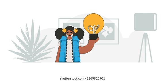 An elegant girl holds a light bulb in her hands. Illustration on the theme of the appearance of an idea.