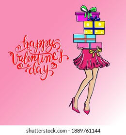 Elegant girl shopping gifts boxes valentines day advertising template EPS 10 vector royalty free illustration.