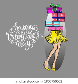Elegant girl shopping gifts boxes valentines day advertising template EPS 10 vector royalty illustration