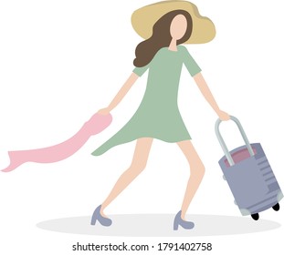 Elegant girl with a suitcase goes on a journey, towards adventure. she runs to the airport or train station, in a hurry.  She wears a beautiful dress, high heels shoes and a big straw hat.  flat style