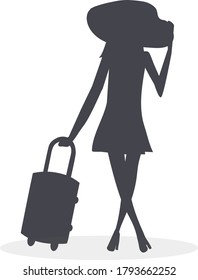 Elegant girl with a suitcase goes on a journey to adventure. She wears a beautiful dress, high heels shoes and a big straw hat. A dark silhouette on a white background