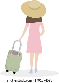 Elegant girl with a suitcase going to travel, to meet adventure. In a beautiful dress, high heels shoes and a large straw hat. flat style. Vector illustration isolated on a white background
