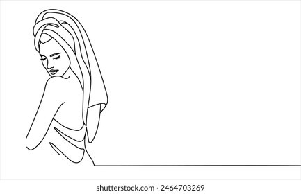 Elegant girl in a towel after a shower continuous line art drawing isolated on white background. Vector illustration