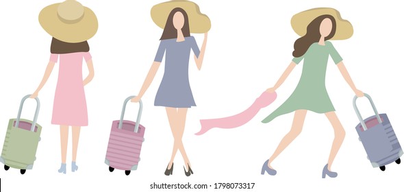 Elegant girls with a suitcase go on a trip, they will have an unforgettable holiday. In a beautiful dress, high heels shoes and a big hat from the sun. Flat design