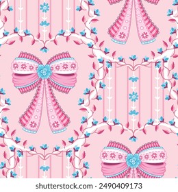 Elegant girly coquette large pink bows with gingham and lace details in coquette style surrounded by floral vines. Preppy romantic seamless repeated surface vector pattern design.