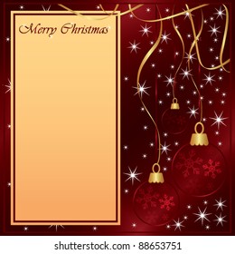 Elegant glamor Merry Christmas red card with tree decoration ball and snowflakes, vector illustration