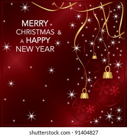 Elegant glamor Merry Christmas red card with tree decoration ball and snowflakes, vector illustration