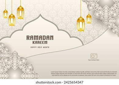 Elegant glamour background and poster Ramadan Kareem with gradient style and realistic icon
