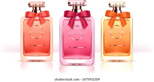 Elegant glass bottles for womens perfumes with silk ribbon on the cap realistic vector. Classic packaging for fragrances and interior perfumes isolated on white background