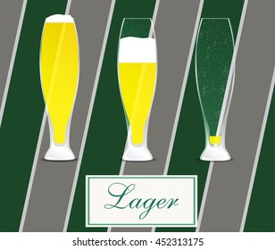 Elegant glass of light lager beer / Elegant glass of light beer on striped background (yellow lager), (full, half full, empty)