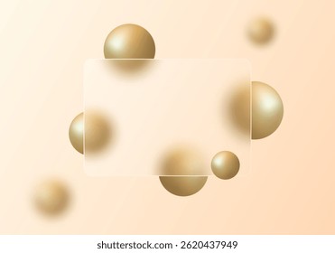 Elegant glass morphism background with golden 3D spheres, soft warm gradients, and a translucent panel on beige tones for premium modern design.