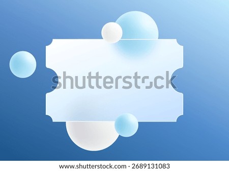 Elegant glass morphism coupon background with soft blue gradient and floating blue and white spheres for a modern banner design.