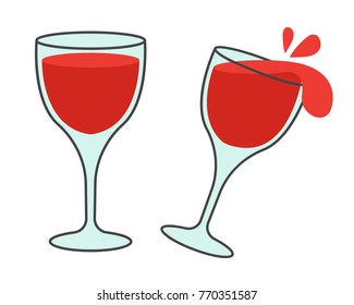 Elegant glass with vine. Wineglass filled with red wine standing still and tilted with splashes out flat vector icons isolated on white background. Sweet and aromatic alcoholic drink illustration