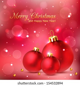 Elegant glimmered Christmas background with photorealistic red balls. Vector illustration.