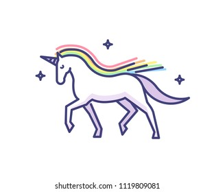 Elegant and glorious unicorn doodle style icon. Vector illustration logo of a sparkling fantasy white horse with horn and rainbow colored mane.