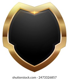 Elegant glossy black shield with reflective gold trim and starburst detail, Gold Shield Symbol