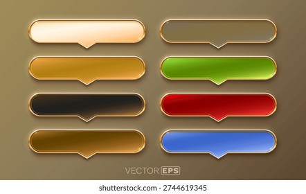 Elegant glossy buttons with golden frames and speech bubble pointers, perfect for web elements. Vector illustration.