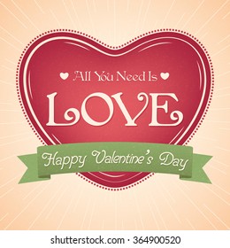 Elegant glossy greeting card design with heart and ribbon on abstract rays background.