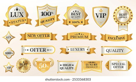 Elegant glossy labels. Vintage golden stickers with premium quality and best choice badges for product rating. Vector certificate and sticker set.