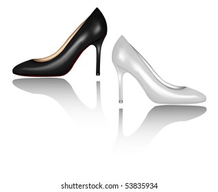 Elegant glossy shoes with reflection (black and white). Photo-realistic vector.
