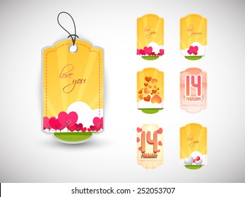 Elegant glossy tags for 14th Feb, Happy Valentines Day celebration on shiny grey background.