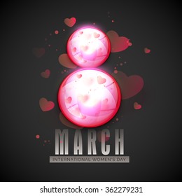 Elegant glossy text 8 March on hearts decorated background for Happy International Women's Day celebration.