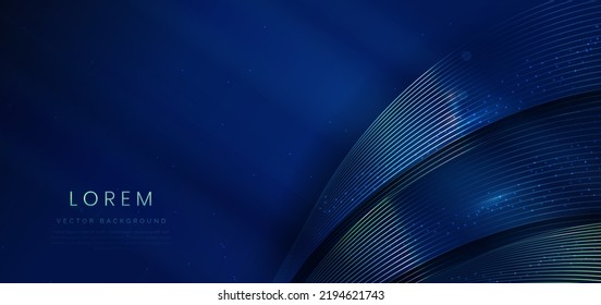 Elegant glowing curved lines on dark blue background with lighting effect and sparkle with copy space for text. Template premium award design. Vector illustration