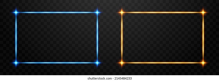 Elegant glowing frame lines, gold and blue lightline. Vector neon light effects in the form of a frame. Magic glow, line light, golden light png, laser beams. Vector illustration on png.