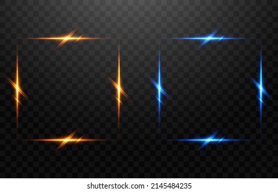 Elegant glowing frame lines, gold and blue lightline. Vector neon light effects in the form of a frame. Magic glow, line light, golden light png, laser beams. Vector illustration on png.