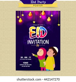 Elegant glowing Invitation Card design with cute Islamic Kids, Enjoying and Celebrating on occasion of Muslim Community Festival, Eid Mubarak.