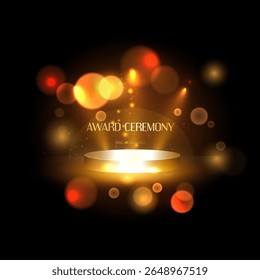 Elegant glowing podium for award ceremony with light effects, flares, and bokeh on dark background. Perfect for design and presentations.