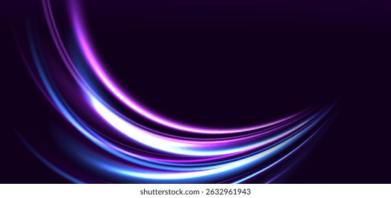Elegant glowing purple and blue curved rays on dark purple background. Vector illustration
