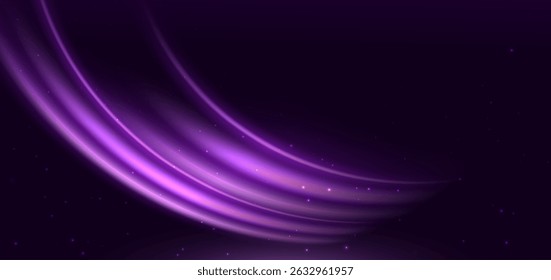 Elegant glowing purple curved rays on dark purple background. Vector illustration