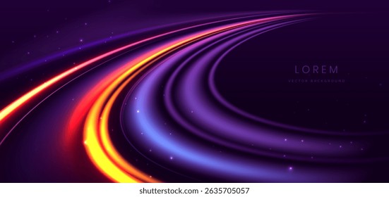 Elegant glowing purple curved rays on dark purple background. Vector illustration