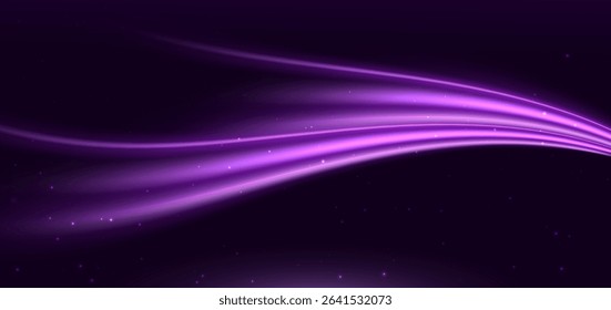 Elegant glowing purple curved rays on dark purple background. Vector illustration