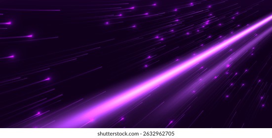 Elegant glowing purple lighting effect lines horizontal on dark purple background. Hi-speed night motion. Vector illustration