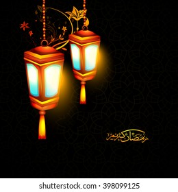 Elegant glowing traditional lanterns hanging on black background for Holy Month of Muslim Community, Ramadan Kareem celebration.