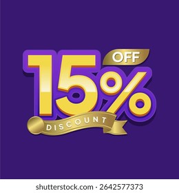 Elegant Gold 15% Off Discount Label with Purple Background for Seasonal Promotions